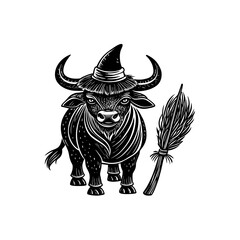 A black and white illustration of a bull wearing a witch's hat, standing next to a feathered broom.