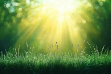 Obraz premium Bright morning sunlight shining through trees onto fresh green grass blades with dew drops creating a peaceful natural scene