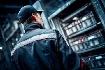Technician inspecting server racks in data center