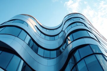 Modern curved glass office building with reflective windows under blue sky with light clouds