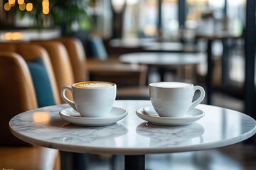 Fototapeta premium Two white ceramic cups of coffee with latte art on a round marble table in a cozy cafe setting with blurred background of chairs and windows