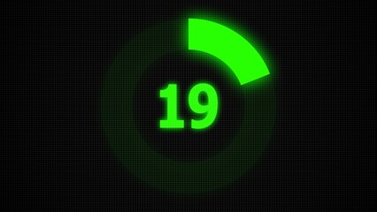 Countdown timer number ,0 to 19 seconds circular countdown digital electronic timer. counting down with green numbers and circle marking time ,Sci-Fi light Effects electronic protection system.