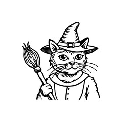 Illustration of a cat dressed as a witch, wearing a hat and holding a broom, in a vintage, black and white style.
