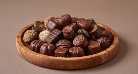 Assorted Chocolate Candies on a Wooden Plate, Perfect for a Sweet Treat Gift.