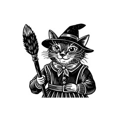 A cat dressed as a witch, wearing a hat and holding a broom, in a detailed black and white illustration.