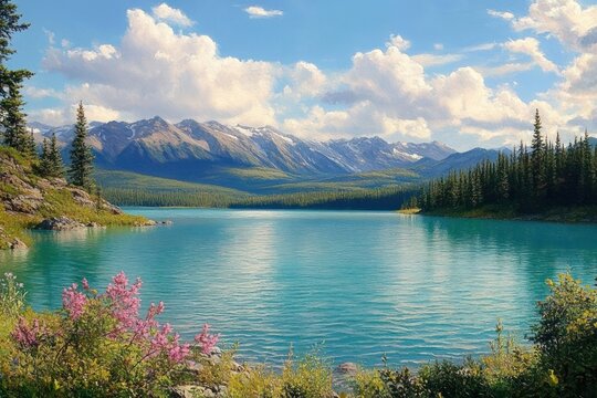 Serene mountain lake with clear turquoise water surrounded by lush green pine trees and vibrant pink wildflowers under a partly cloudy sky - Powered by Adobe
