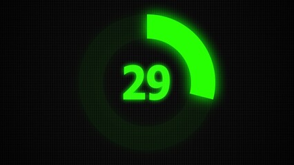 Countdown timer number ,0 to 29 seconds circular countdown digital electronic timer. counting down with green numbers and circle marking time ,Sci-Fi light Effects electronic protection system.