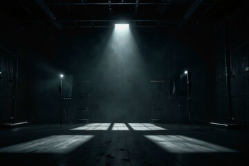 Dramatic spotlight illuminates a dark empty room with patterned light on the floor