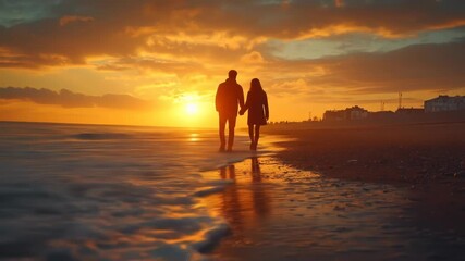 Silhouetted couple hand-in-hand strolls along a beach at sunset, the vibrant orange sky reflecting in the wet sand, a distant shoreline visible - Powered by Adobe
