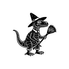 Cartoon dinosaur dressed as a witch, wearing a hat and holding a broom, in a black and white illustration.