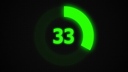 Countdown timer number ,0 to 33 seconds circular countdown digital electronic timer. counting down with green numbers and circle marking time ,Sci-Fi light Effects electronic protection system.
