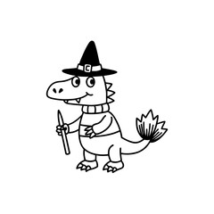 Cartoon dinosaur dressed as a witch wearing a hat and scarf, holding a wand, outlined in black and white.