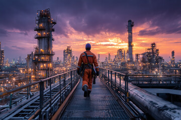 Worker walking in oil refinery at sunset