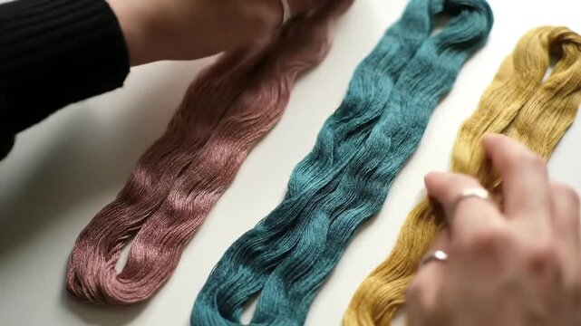Hands gently touching colorful skeins of thread, showcasing the vibrant hues and textures of craft supplies for creative projects.