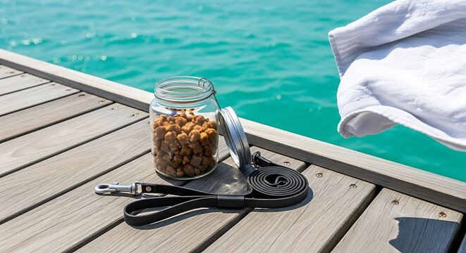 Dog treats in a glass jar and a black leash resting on a wooden pier beside vibrant turquoise ocean water, with a white towel nearby. - Powered by Adobe