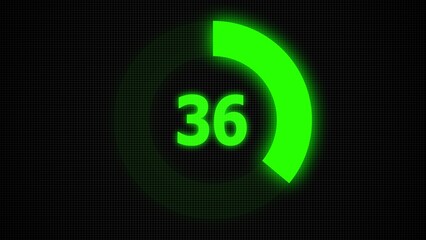Countdown timer number ,0 to 36 seconds circular countdown digital electronic timer. counting down with green numbers and circle marking time ,Sci-Fi light Effects electronic protection system.