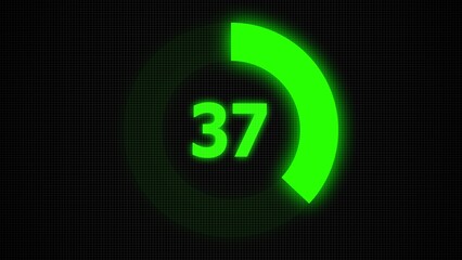 Countdown timer number ,0 to 37 seconds circular countdown digital electronic timer. counting down with green numbers and circle marking time ,Sci-Fi light Effects electronic protection system.