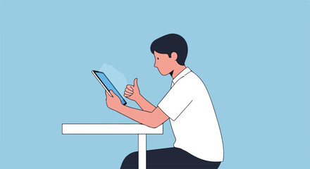 Fototapeta premium Man holding tablet for work home concept in a light teal studio shot, showcasing how contemporary professionals leverage technology for remote work home setups. This work home scene,