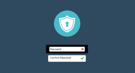Obraz premium Password protection interface with secure shield, displaying fields for password and confirm password. Secure password protection system is ready to use, with modern,