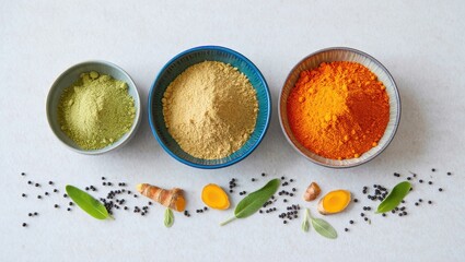 Three oval bowls filled with colorful powders including green yellow and orange spices or herbs isolated on white background