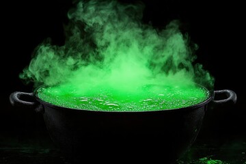 Potent Brew: A cauldron bubbles with a vibrant, eerie, emerald-green potion. Steam curls upwards, enveloping the scene in an atmosphere of fantasy and mystery. 
