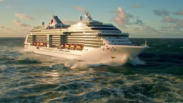 Large cruise ship cutting through ocean waves at sunset, creating a bow wave