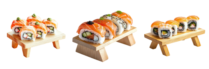 A set of delicious restaurant sushi rolls on a wooden serving board isolated on a transparent background PNG
