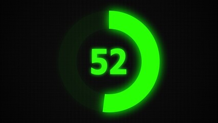 Countdown timer number ,0 to 52 seconds circular countdown digital electronic timer. counting down with green numbers and circle marking time ,Sci-Fi light Effects electronic protection system.