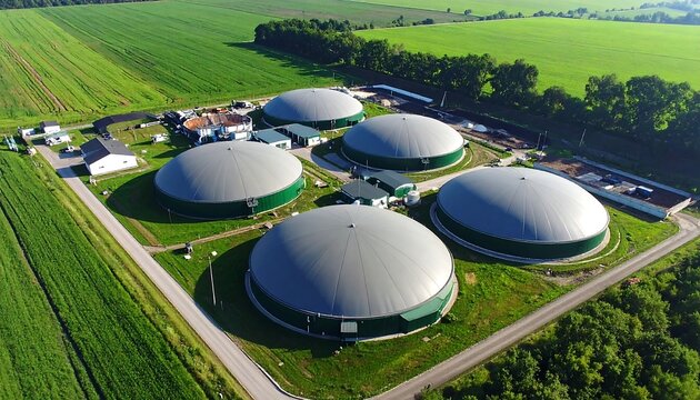 Aerial View of Biogas Digesters in Lush Green Fields