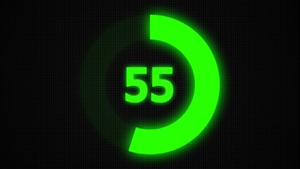 Countdown timer number ,0 to 55 seconds circular countdown digital electronic timer. counting down with green numbers and circle marking time ,Sci-Fi light Effects electronic protection system.