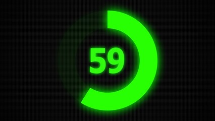 Countdown timer number ,0 to 59 seconds circular countdown digital electronic timer. counting down with green numbers and circle marking time ,Sci-Fi light Effects electronic protection system.