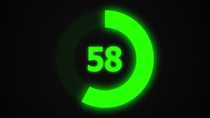 Countdown timer number ,0 to 58 seconds circular countdown digital electronic timer. counting down with green numbers and circle marking time ,Sci-Fi light Effects electronic protection system.