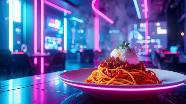 Spaghetti topped with burrata cheese served on a table in a neon lit restaurant.
