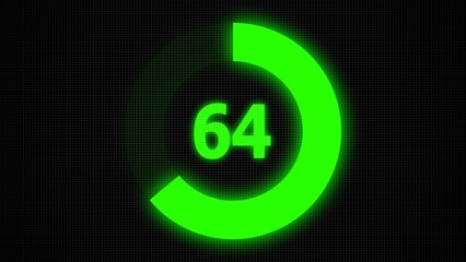 Countdown timer number ,0 to 64 seconds circular countdown digital electronic timer. counting down with green numbers and circle marking time ,Sci-Fi light Effects electronic protection system.