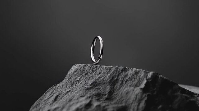 A stunning silver ring stands elegantly on a rugged rock, illuminated by soft lighting. The contrast between refined design and natural texture captivates the viewers attention.