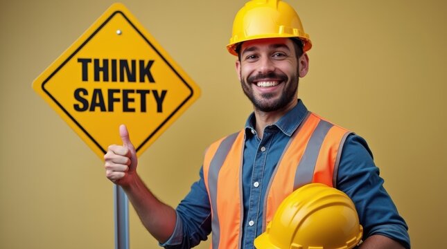 A smiling construction worker gives a thumbs up beside a think safety sign and hard hat. Concept of workplace safety awareness and positive compliance.