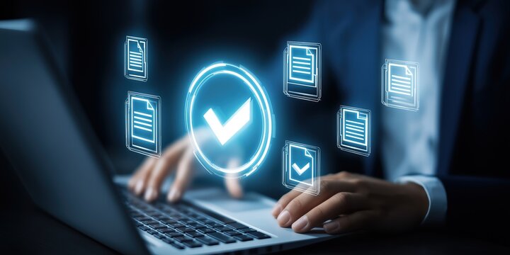 Document Review and Management, Data Entry, Professional with Laptop Showing Glowing Approval Badge and Digital Paperwork Icons, Secure Automated System Concept

