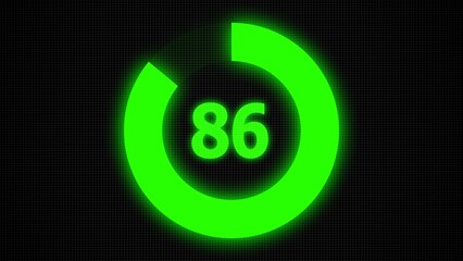 Countdown timer number ,0 to 86 seconds circular countdown digital electronic timer. counting down with green numbers and circle marking time ,Sci-Fi light Effects electronic protection system.