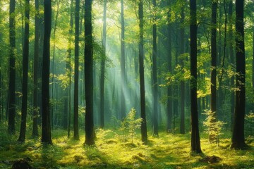 Obraz premium Sunlight streaming through tall trees illuminating a lush green forest floor with small plants and vibrant foliage creating a serene and peaceful natural atmosphere