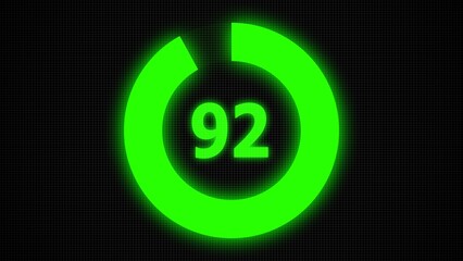 Countdown timer number ,0 to 92 seconds circular countdown digital electronic timer. counting down with green numbers and circle marking time ,Sci-Fi light Effects electronic protection system.