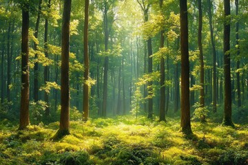 Naklejka premium Sunlight streaming through tall green trees in a lush forest with vibrant undergrowth and a serene, peaceful atmosphere