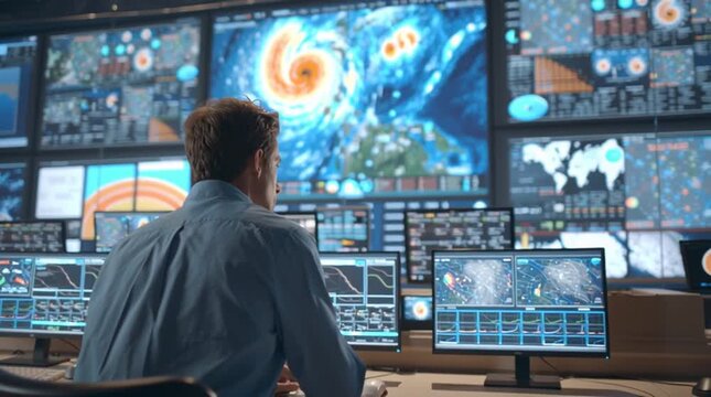 Meteorologist analyzing radar forecasting data with weather screen and hurricane map showing severe weather prediction and storm tracking concept	