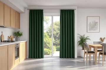 Obraz premium Modern kitchen with dark green drapes