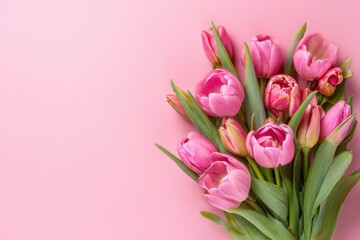 Spring bouquet of pink tulips arranged beautifully against a pastel pink background showcasing vibrant colors and fresh blooms