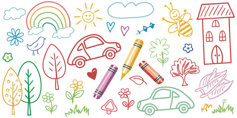 A large collection of colorful, child-like crayon drawings of houses, animals, and other objects 