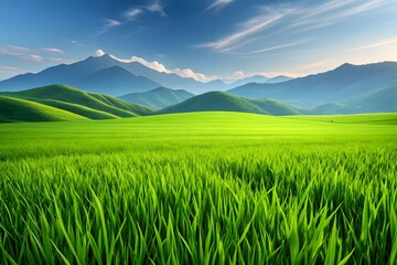 Fototapeta premium Lush Green Rolling Hills Under a Majestic Mountain Range and Blue Sky green hills