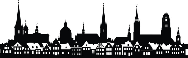 Silhouette of a cityscape, featuring various buildings, towers, and landmarks in a panoramic view, perfect for travel and architectural designs