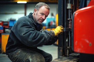 Focused middle-aged man wearing yellow gloves repairing or inspecting forklift machinery in a workshop environment