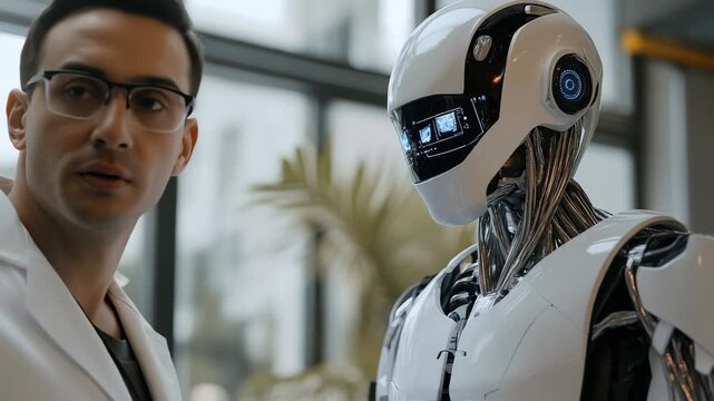 A scientist interacts closely with a humanoid robot, exploring the potential of artificial intelligence in a sleek and innovative research environment filled with advanced technology.