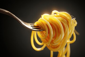Spaghetti pasta twirled on a fork under soft lighting creating a realistic culinary presentation